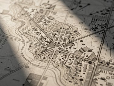 Macro shot of a physical Brisbane street map overlayed with architectural tracing paper, warm side-lighting casting soft shadows across topography contours.