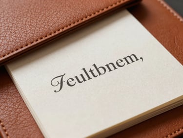 Close-up of debossed terracotta leather and thick cotton paper with deckled edges, soft shadows, elegant classical typography printed on the surface.