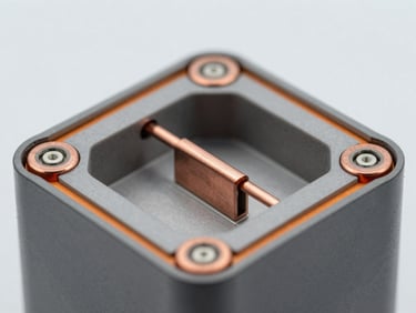 Macro close-up of internal battery cell architecture, clean copper busbars, structured thermal barrier sheets, cool gray laboratory lighting with sharp orange highlights, 50mm lens