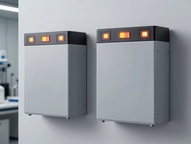 Symmetrical shot of modular wall-mounted home battery packs, clean slate-gray metal chassis, subtle orange LED indicator, laboratory background, 50mm lens