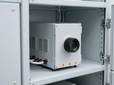 Industrial-grade cabinet battery system, metal racks with visible heavy-duty wiring and cooling ducts, clean high-tech testing facility, 50mm lens