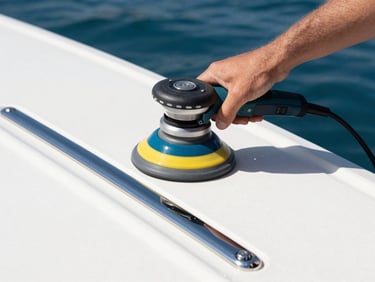 A technician's hand using a professional rotary polisher on a clean white boat deck, polished chrome accents gleaming, clean workspace.