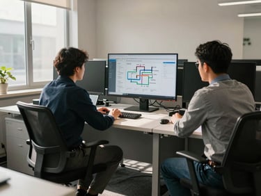 Wide shot of a small services office, two people at adjacent desks reviewing a shared screen showing a pipeline dashboard, afternoon window light casting long shadows across the desk surface