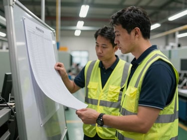 Medium shot looking down a manufacturing floor, two workers in safety vests examining a printed production schedule pinned to a metal board, natural industrial overhead light, machinery visible in the background