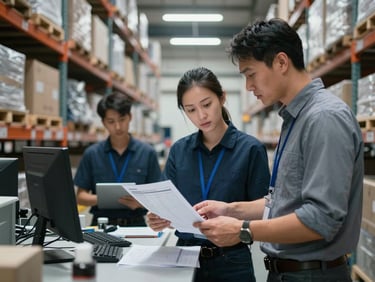 Environmental shot inside a distribution warehouse, a team member and a manager standing at a workstation reviewing a printed inventory report under cool fluorescent light, shelving rows visible behind them