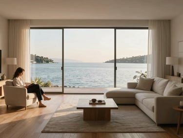 Wide panoramic view of a serene shared living room with large windows overlooking calm coastal bay, soft natural light pouring in from the right, minimal furnishings in warm whites and soft grays, single person reading in an armchair at the far left edge, wooden flooring, textures of linen and natural materials, atmospheric and uncluttered, golden-hour coastal light