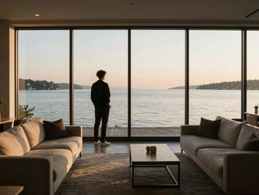 Shared lounge with floor-to-ceiling windows overlooking a calm bay. Soft furnishings in neutral tones, one person standing at the window in silhouette. Golden afternoon light. Emphasis on scale and intentional emptiness.