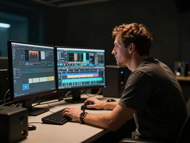 Director watching an editing bay monitor in a dark studio, warm practical light on the console, cool key light.