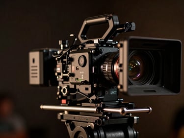 Extreme close-up of a high-end cinema camera rig on a commercial shoot, dramatic rim lighting, rich dark tones.