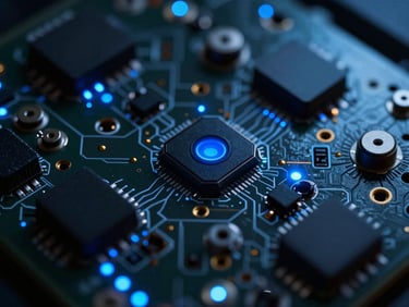 Macro close-up of complex hardware with glowing blue indicators, deep shadows, 35mm