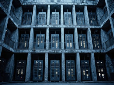 Wide, imposing architectural shot of a brutalist containment facility, cold blue lighting, high contrast, 35mm