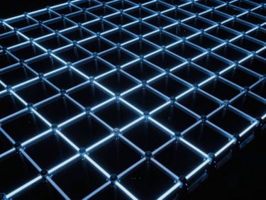 Abstract quantum lattice structure, glowing blue lines on a dark background, high contrast, 35mm