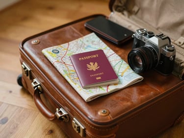 Close-up of a neatly packed leather suitcase with a passport, map, and camera on a wooden floor, soft warm light, 35mm