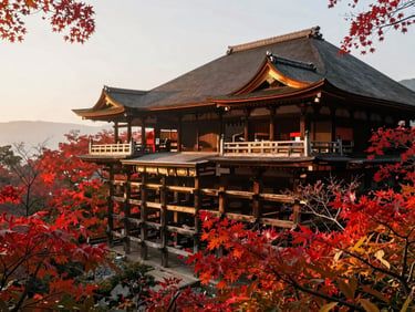 Kyoto temple surrounded by vibrant autumn foliage, traditional wooden architecture, soft morning mist, cinematic framing