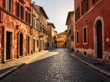 Scenic view of a winding cobblestone street in Rome, historic stone buildings, warm afternoon sunlight casting long shadows