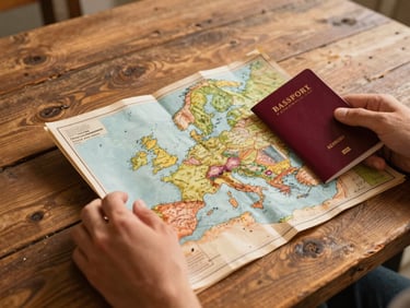 Close-up of hands planning a journey on a rustic wooden table, holding a vintage map of Europe, a red passport cover visible, warm side lighting, editorial travel style