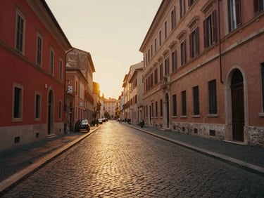 Cinematic wide-angle shot of a quiet cobblestone street in Rome at sunrise, warm golden light, 35mm