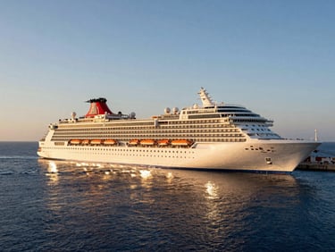 Wide-angle panoramic shot of a cruise ship docked in a Mediterranean port during golden hour, deep blue water, warm light reflecting on white decks