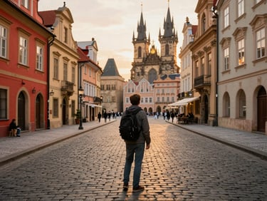 Wide-angle environmental shot of a traveler looking at a historic European cobblestone street at golden hour, warm lighting, 35mm