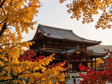 Kyoto temple surrounded by golden autumn leaves, soft sunlight, wide angle, 35mm