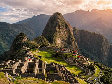 Machu Picchu ruins under a dramatic morning sky, lush green mountains, wide-angle cinematic travel photo.