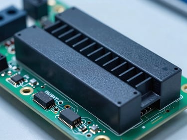 Close-up of a custom BMS circuit board with integrated heat sinks and microcontrollers, illuminated by sharp white highlights in a cleanroom lab.