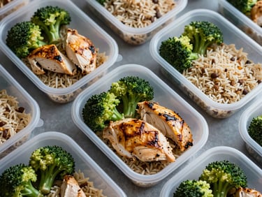 Overhead shot of structured meal-prep containers with clean, high-protein foods like grilled chicken, broccoli, and brown rice, sharp lighting, cool tones.