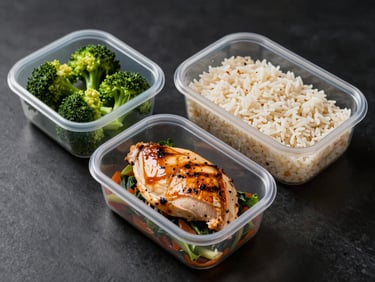 Overhead shot of clean meal-prep containers with high-protein foods, grilled chicken, broccoli, and rice, high-contrast studio lighting