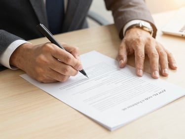 Close up of professional hands signing structured legal documents on a warm sand colored desk, soft daylight.