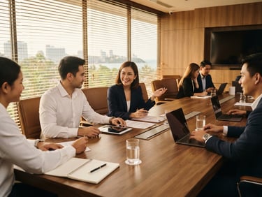 A bright corporate boardroom in Pattaya with structured wooden tables, warm sunlight filtering through blinds, clean professional atmosphere.