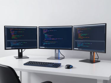 Clean minimalist workspace with code on monitors, electric blue and orange lighting accents, sharp focus, 35mm lens.