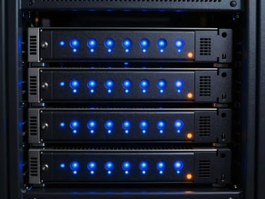Close-up macro shot of server racks with glowing blue indicator lights, sharp focus, minimalist composition.