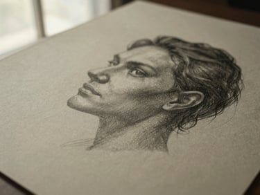 Close-up of a charcoal drawing on heavy textured paper, showcasing fine lines and rich gradients, soft studio lighting