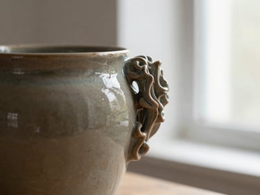 Sculptural ceramic detail with hand-carved textures, warm earthy glaze, soft natural window light.
