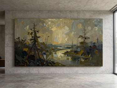 Wide-angle photograph of a large-scale oil wall painting integrated into a modern concrete living space, soft natural light
