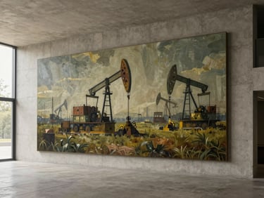 Wide environmental shot of a large-scale oil wall painting integrated into a modern concrete architectural space, soft side light.