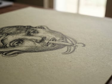 Detailed close-up of a charcoal drawing on heavy textured paper, showing fine lines and hand-carved details, soft studio light.