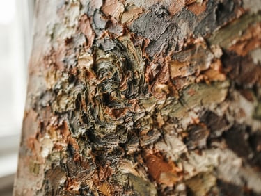 Close-up of thick oil paint textures in warm earth tones, soft window light casting deep shadows on plaster canvas, artistic depth