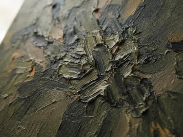 High-resolution close-up of oil paint texture on canvas, showing thick brushstrokes, muted olive and charcoal tones, soft natural side light.