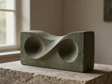 Bespoke sculptural applied art piece made of carved wood and plaster, resting on a stone plinth, side-lit