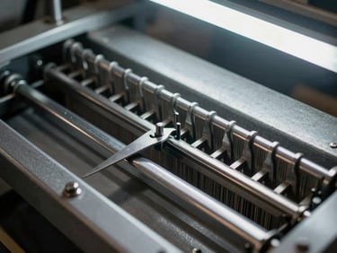 Close-up overhead shot of a rapier loom's weft insertion mechanism, steel rapier heads and guide rail in sharp focus under industrial fluorescent light, cool grey metal surfaces, no warmth