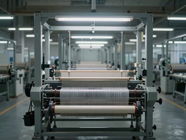Wide environmental shot of a rapier loom in a factory setting under neutral industrial fluorescent light, steel grey mechanical frame centered in frame, precision weft carrier visible, no operators, cool overcast tones, empty production floor background