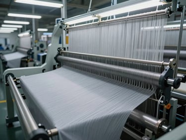 Wide environmental shot of an air-jet loom in production under industrial fluorescent lighting, high-speed weft nozzle assembly in sharp focus, lightweight fabric forming on beam, cool grey tones, no operators, neutral factory light, mechanical components prominent