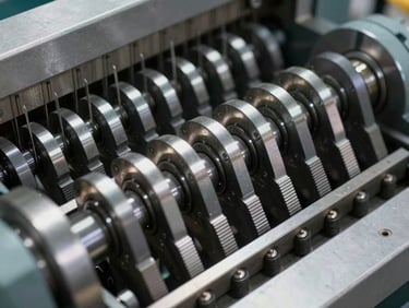 Extreme close-up of a dobby head mechanism, stacked heddle frames and cam followers in precise alignment, overhead neutral factory light, machined steel surfaces with no colour grading