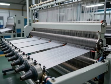 Wide environmental shot of an air-jet loom in a production hall, compressed air nozzle array visible in foreground, warp threads taut across reed in cool factory light, steel-grey palette