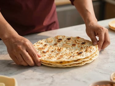 Warm editorial close-up of hands rolling traditional layered flatbreads on a marble counter, soft golden-hour light