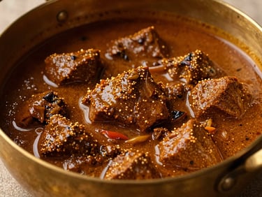 Tight macro shot of a rich, slow-simmered festive curry in a weathered brass pot, warm low-contrast side-lighting