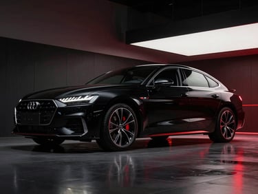 Low-angle heroic shot of a polished black modern sedan parked in a minimalist showroom, dramatic high-contrast studio lighting, deep shadows, rich crimson accents reflecting on the wet floor, 50mm lens