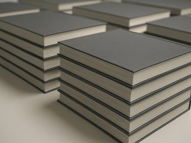 Wide view of hardcover book print run stacked on a white production table under even studio light, spines aligned, cover texture visible