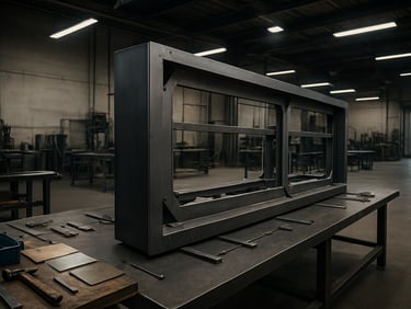 Wide panoramic view inside a fabrication studio, a large-format metal sign structure in mid-assembly on a steel workbench, cool overhead industrial lighting, tools and material samples visible to the left, open floor to the right